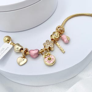 Linx Yellow Gold Snake Chain Bracelet with Pink Mom Themed Charms