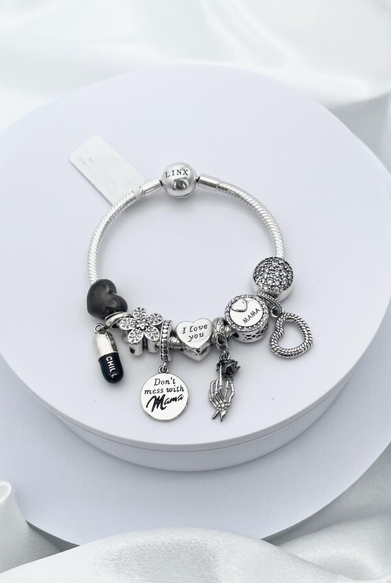 Linx Snake Chain Bracelet With Black and Silver Mama Themed Charms