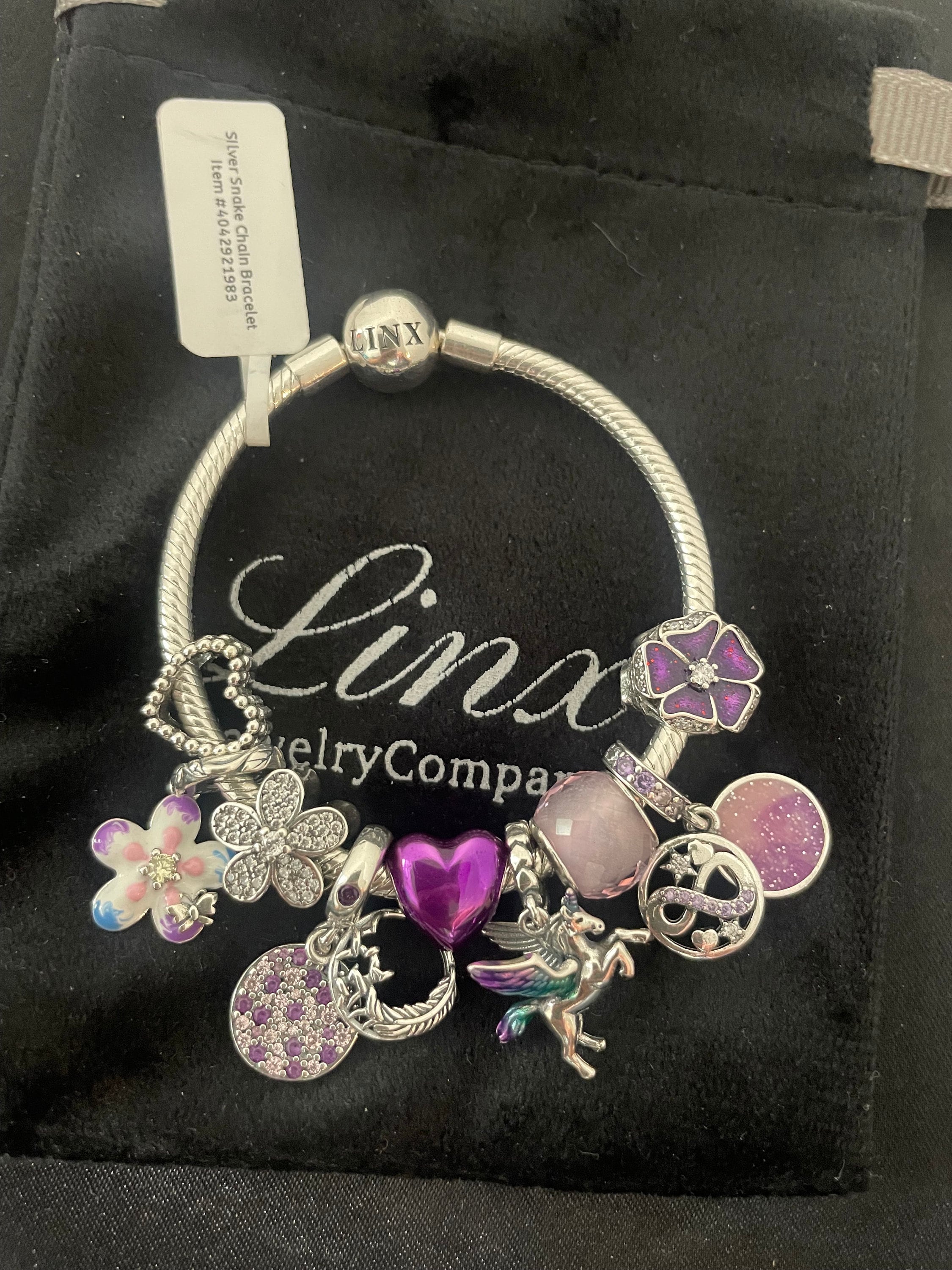 Linx Snake Chain Bracelet With Purple Themed Charms 925 Sterling