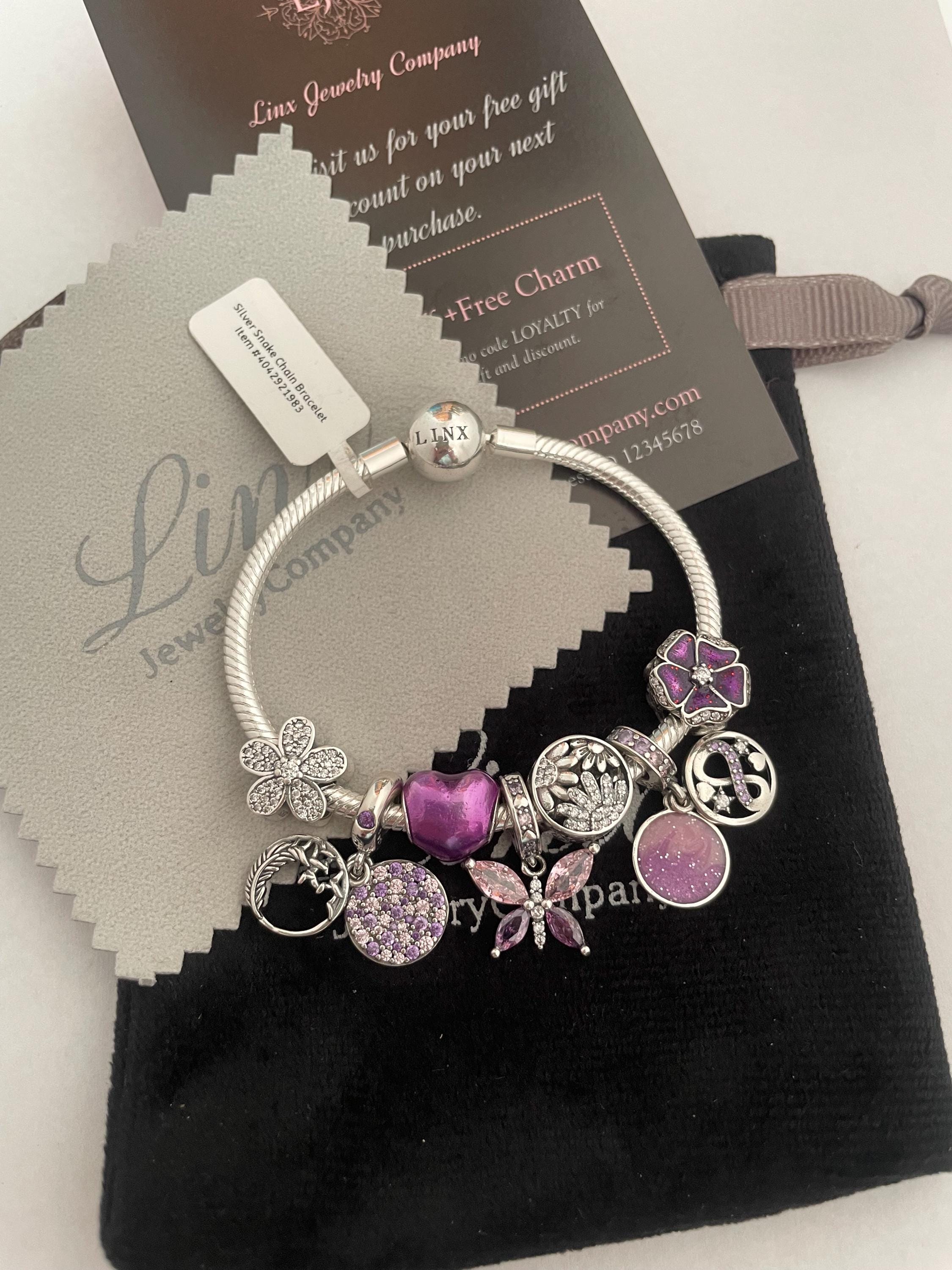 Linx Silver Snake Chain Bracelet With Purple Themed Charms 925