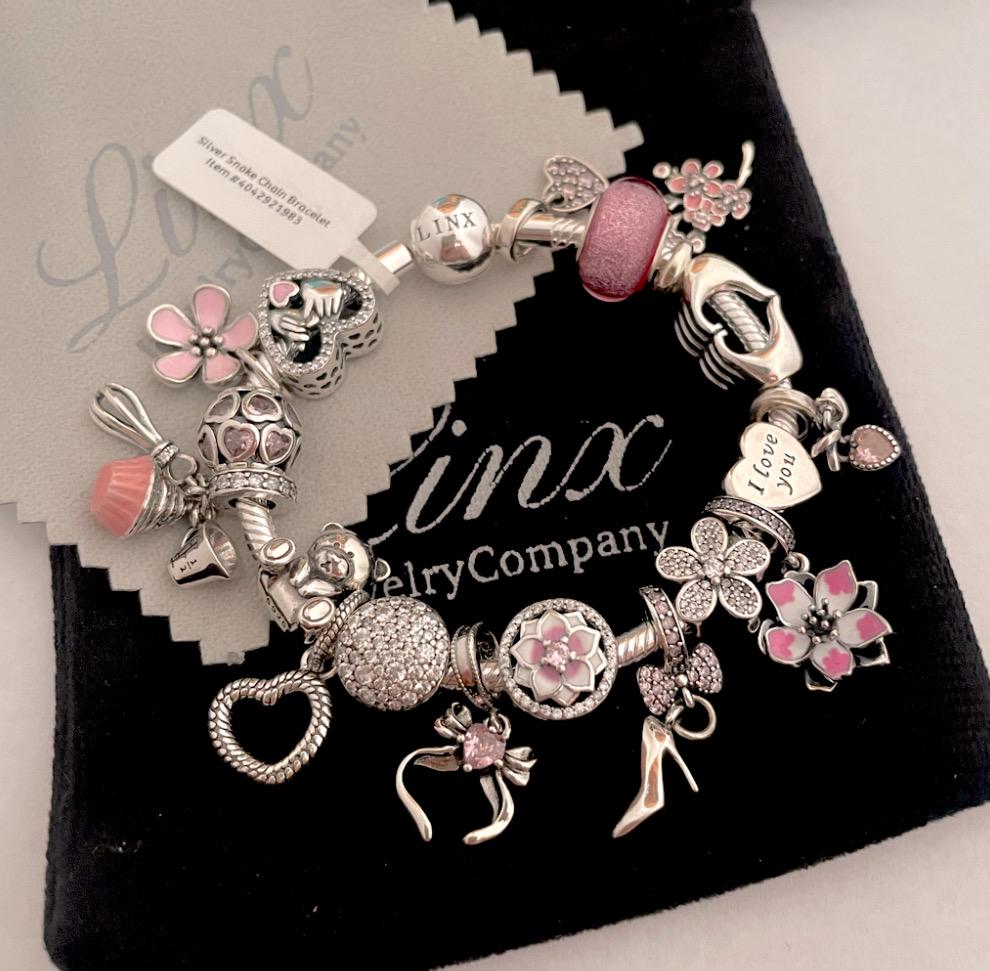 Linx Snake Chain Bracelet With Silver and Pink Themed Charms 925