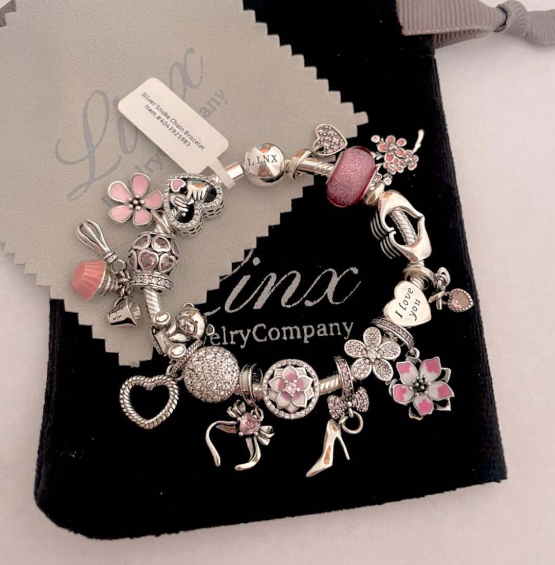 Linx Snake Chain Bracelet With Silver and Pink Themed Charms 925