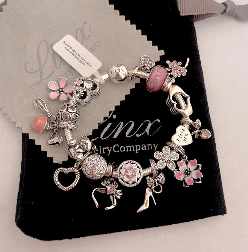 Linx Snake Chain Bracelet With Silver and Pink Themed Charms 925