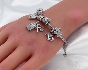 Sterling Silver Charm Bracelet: Quinceanera Daughter, Cross, Crown