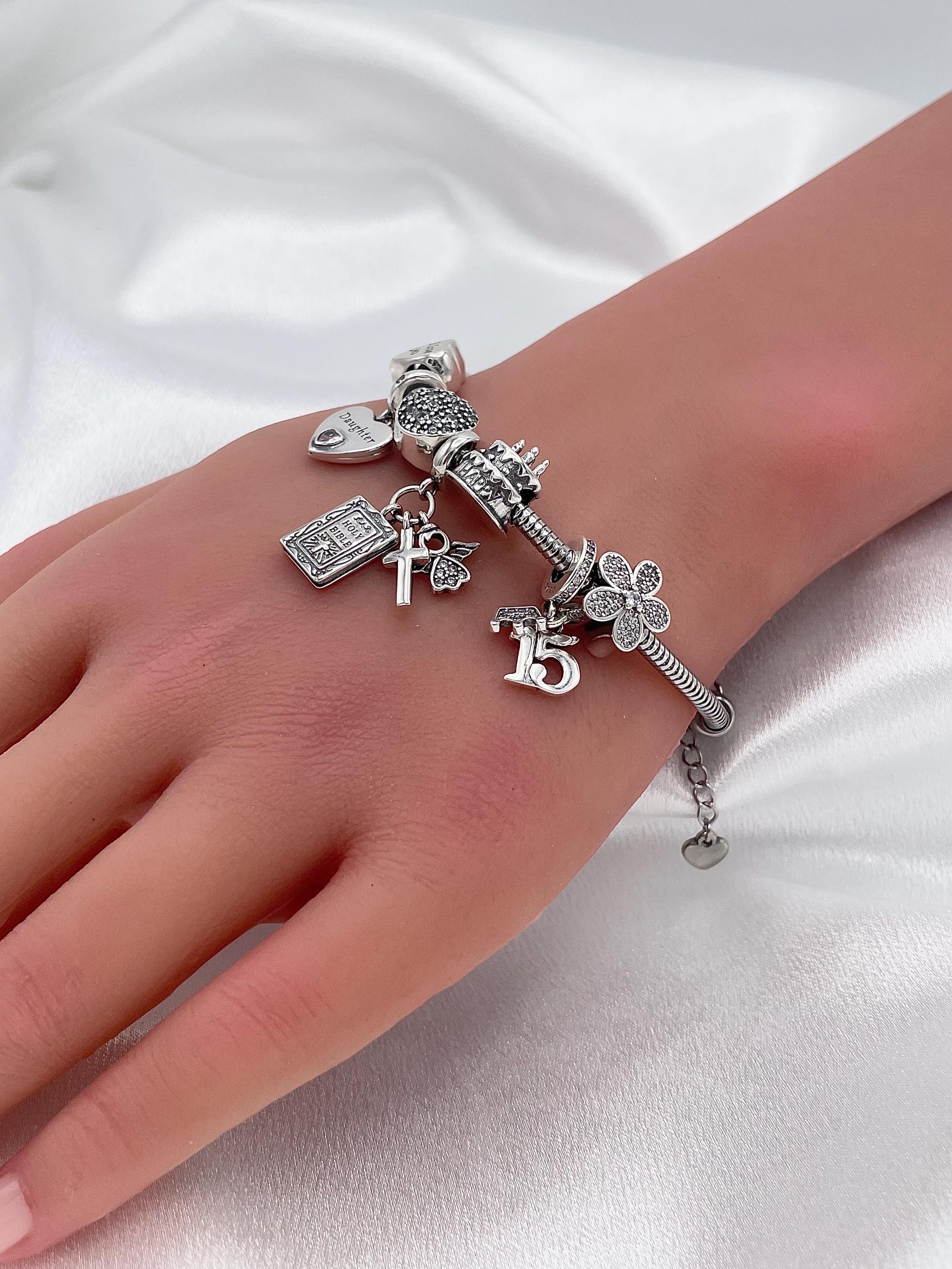 Sterling Silver Charm Bracelet: Quinceanera Daughter, Cross, Crown