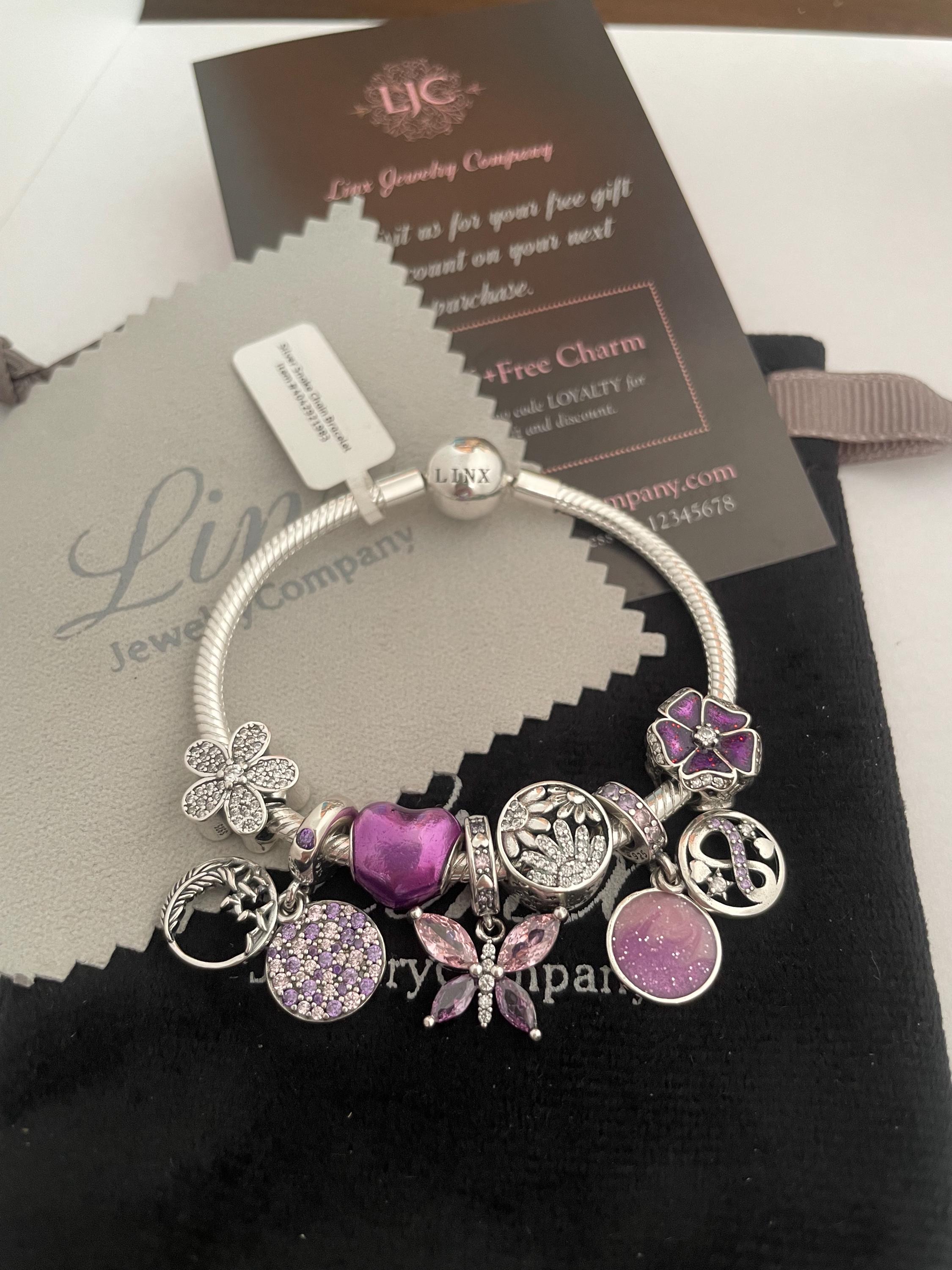 Linx Silver Snake Chain Bracelet With Purple Themed Charms 925
