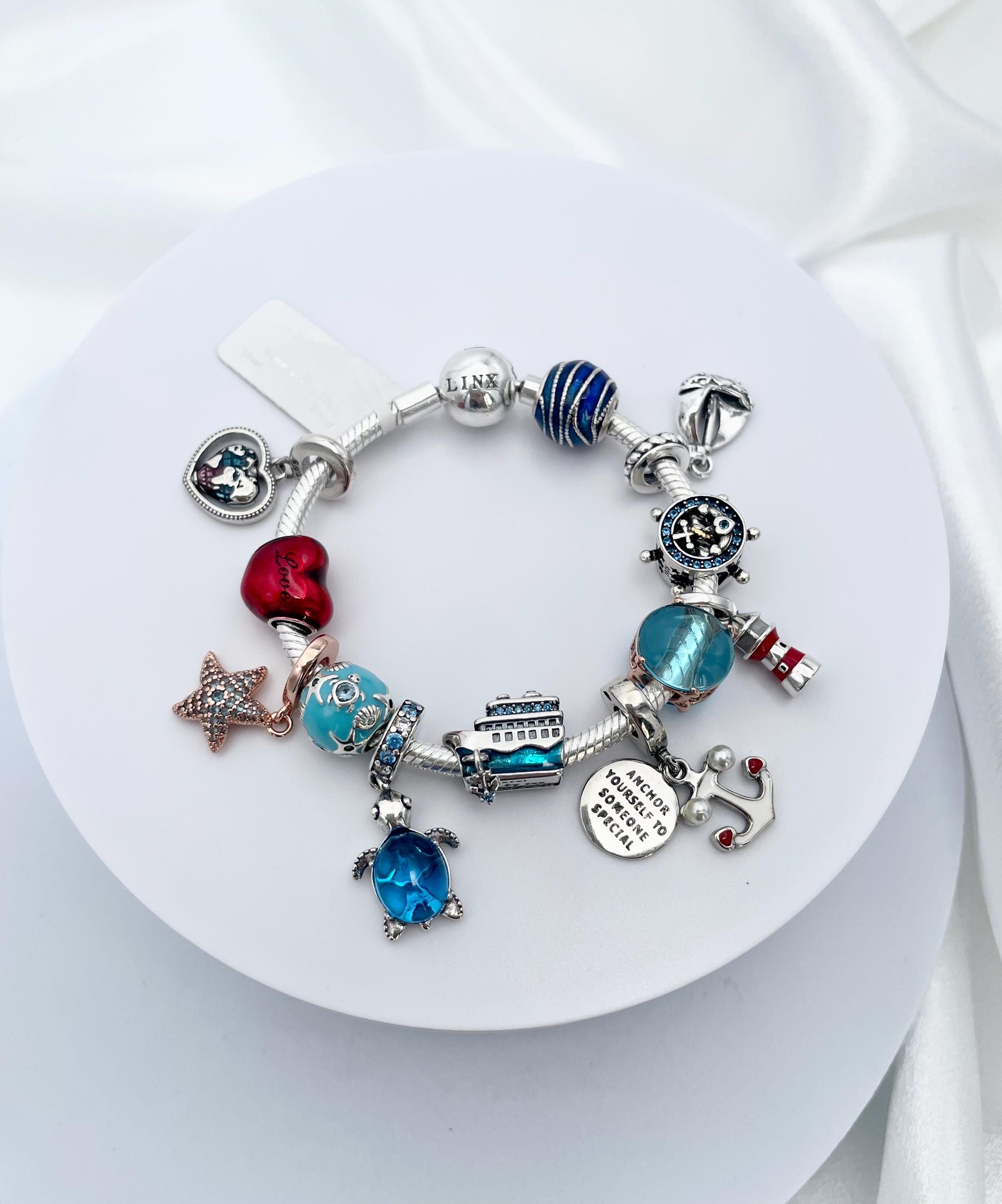 Linx Snake Chain Charm Bracelet With Nautical Themed Charms 925 Sterling  Silver - Etsy