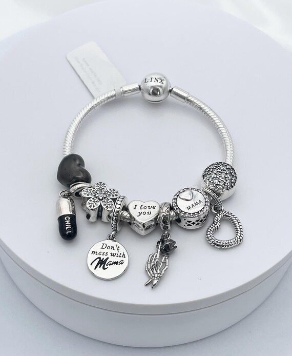 Linx Snake Chain Bracelet With Black and Silver Mama Themed Charms