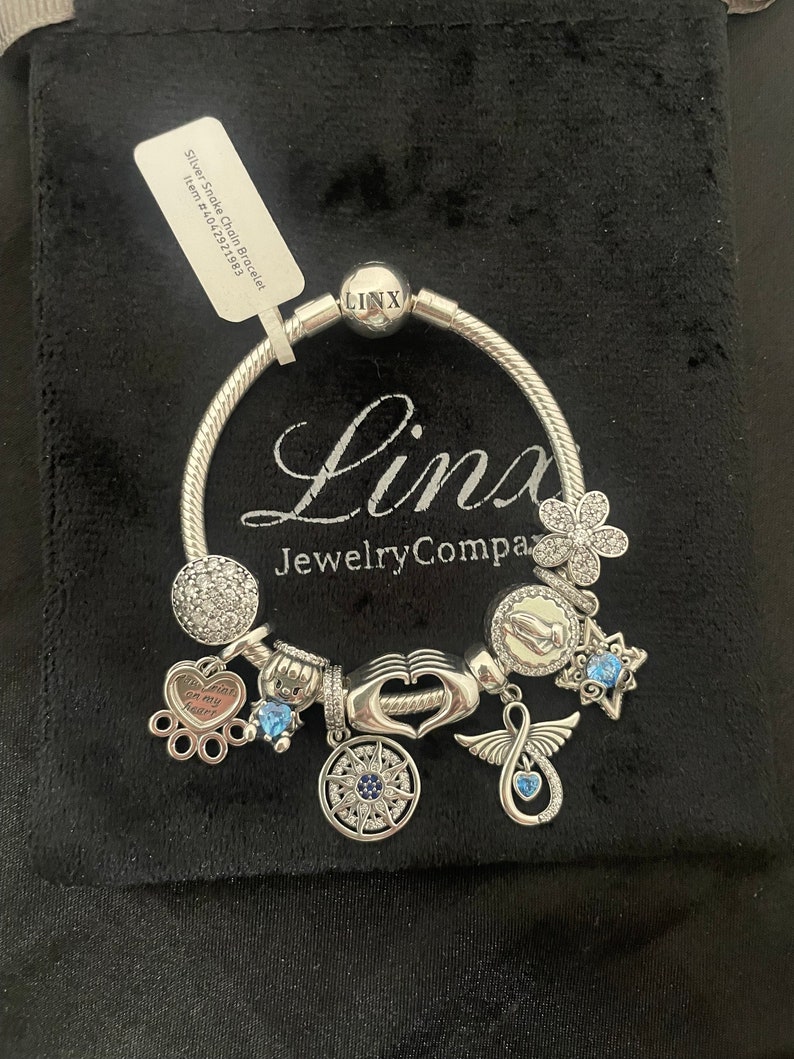 May include: Silver snake chain bracelet with charms, including a paw print charm with "You walk in my heart" text, a compass charm, a heart charm, a flower charm, a hand charm, a winged infinity charm, and a blue crystal charm. The bracelet is on a black velvet background.