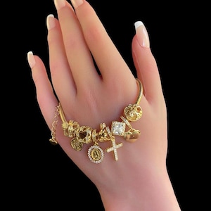 Linx Snake Chain Charm Bracelet with Religious Themed Charms Cross Virgin Mary Angel Love Heart