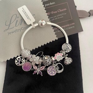 Linx Silver Snake Chain Bracelet with Pink and Purple Themed Charms 925 sterling silver