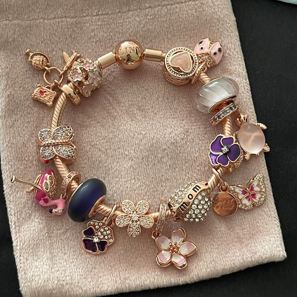 Linx Rose Gold Snake Chain Bracelet with Pink and Purple Themed Charms