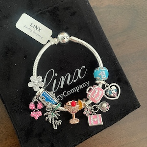 Linx Silver Snake Chain Bracelet with Travel and Vacation Themed Charms 925 Sterling Silver