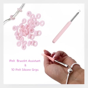 Pink Bracelet Fastener Tool and 10 Silicone Grips Bead Stoppers Bracelet Assistant