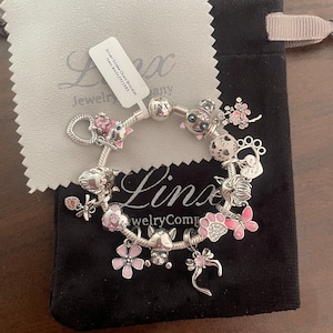 Linx Silver Snake Chain Bracelet with Cat Themed Charms 925 sterling silver