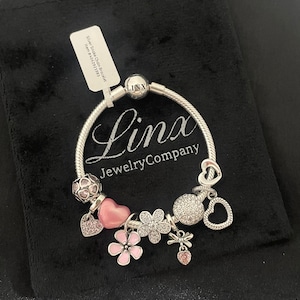 Linx Snake Chain Bracelet with Pink Heart Themed Charms 925 sterling silver