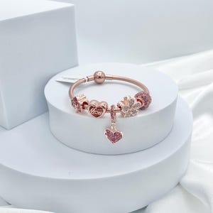 Linx Rose Gold Snake Chain Bracelet with Cubic Zirconia Pink Mom Themed Charms
