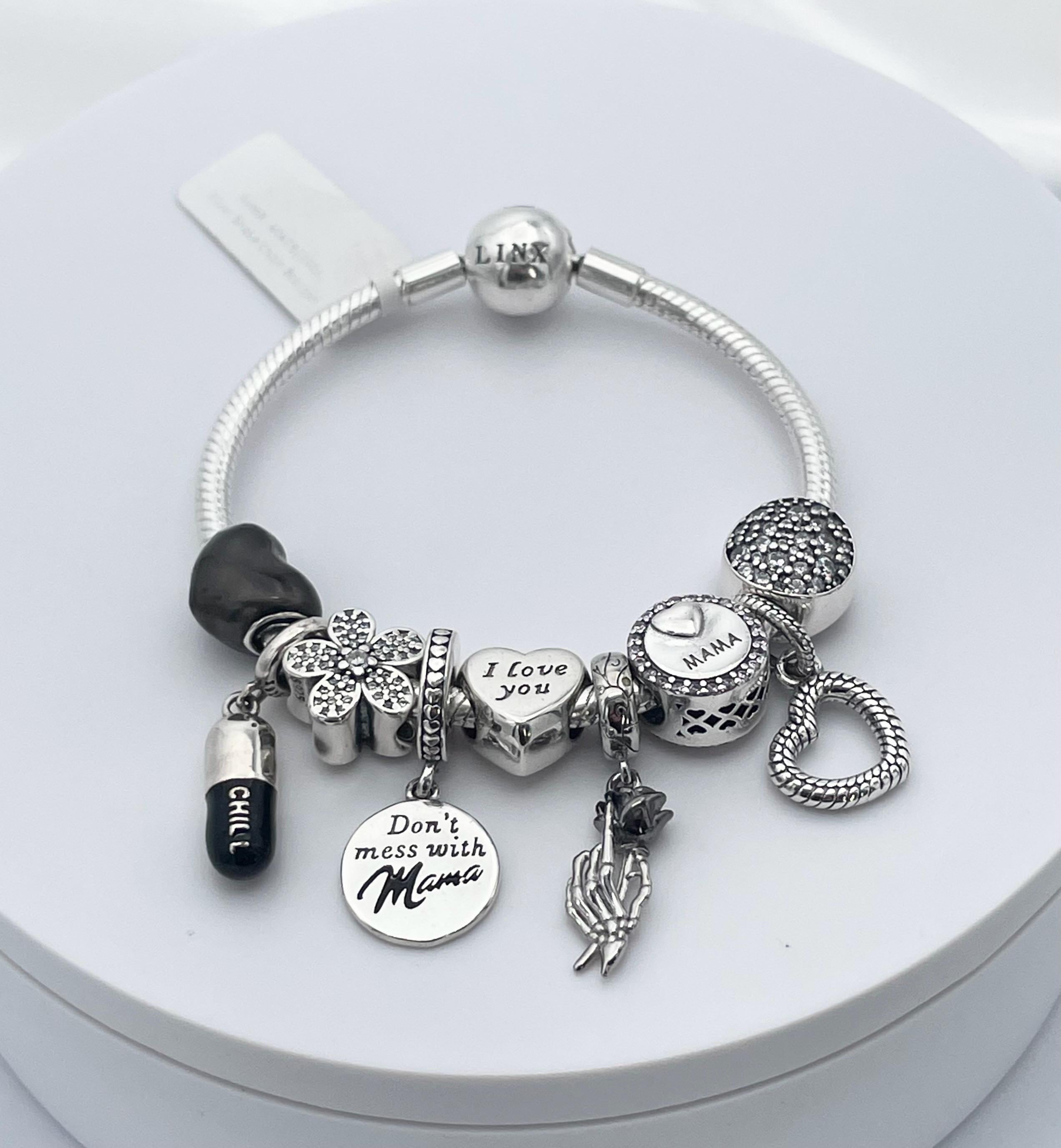 Linx Snake Chain Bracelet With Black and Silver Mama Themed Charms