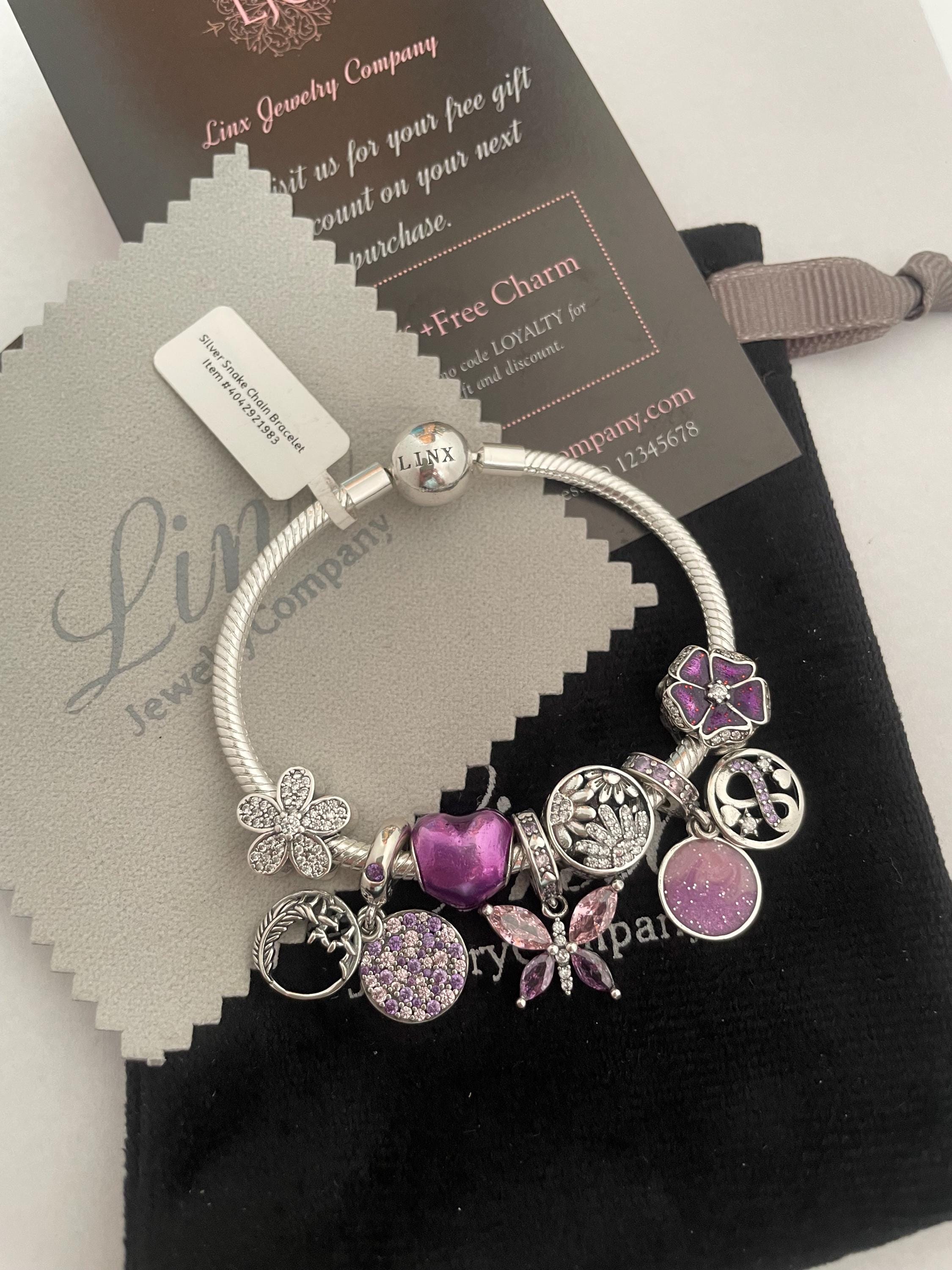 Linx Silver Snake Chain Bracelet With Purple Themed Charms 925