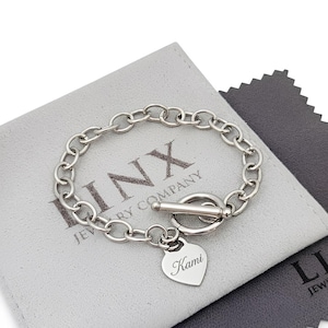 Chain Link Toggle Clasp Bracelet with Custom Engraved Heart Pendant