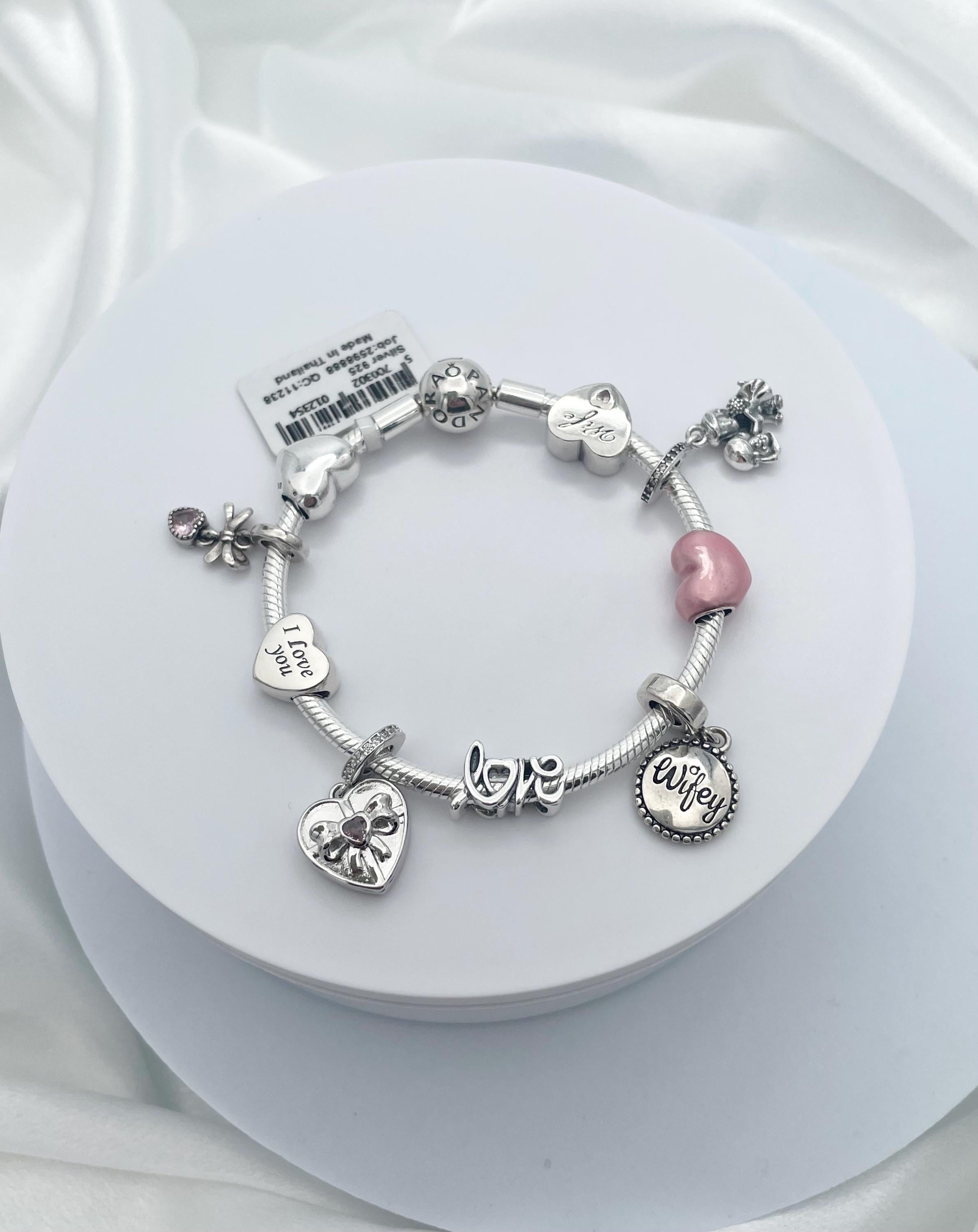 Pandora Bracelet With Pink Wife Heart and Love Charms 925 Sterling