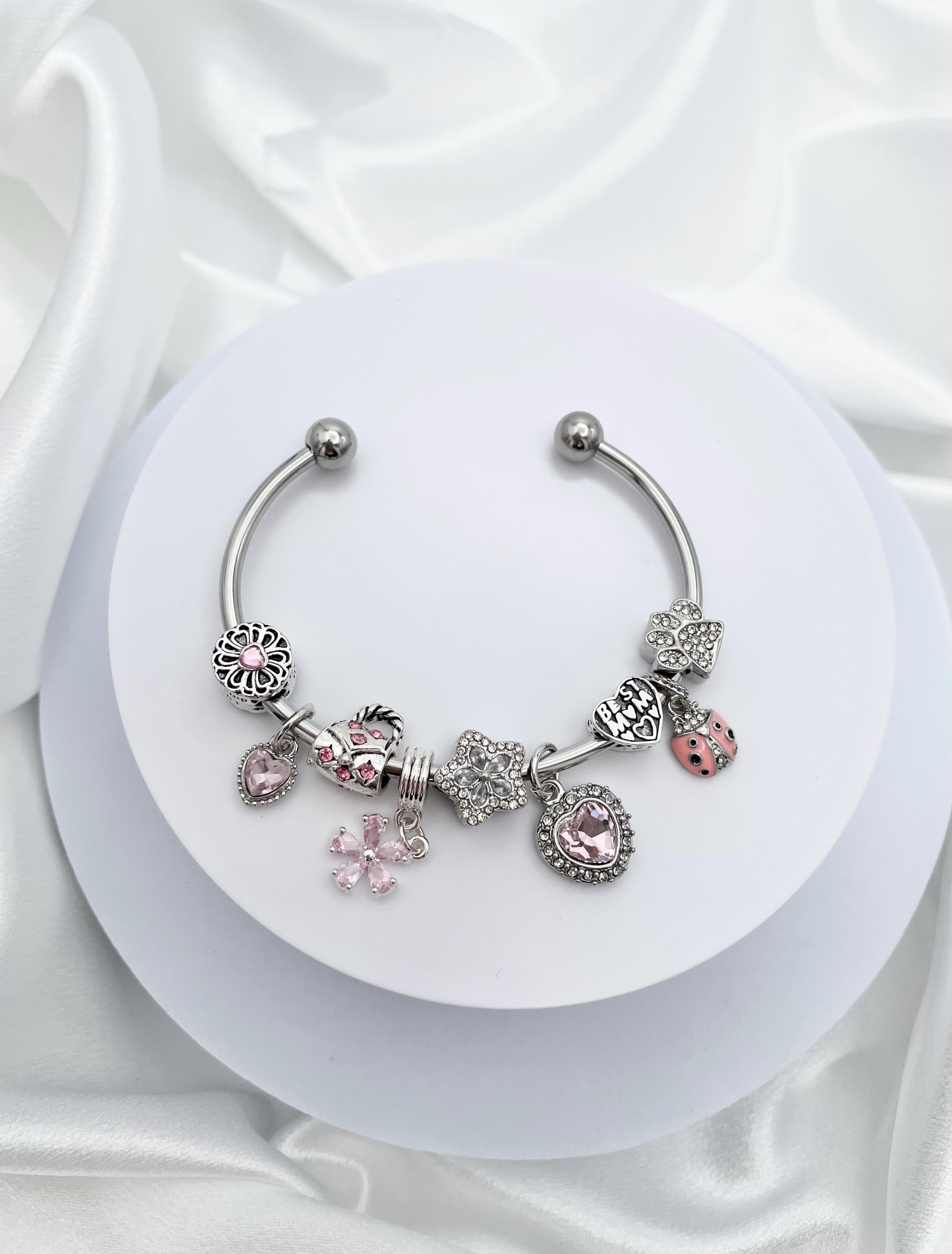 Linx Stainless Steel Open Bangle With Pale Pink Mom Themed Charms