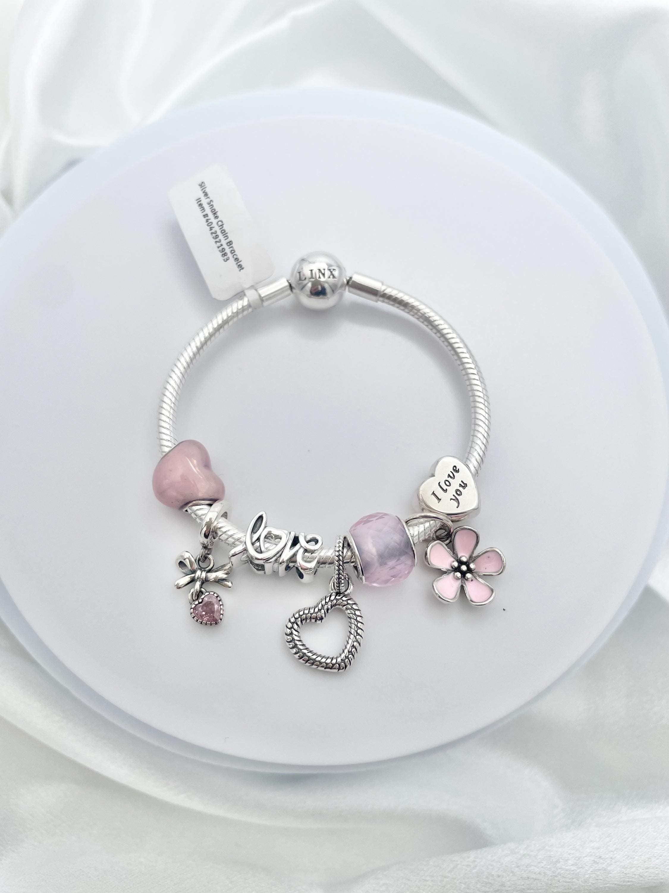 スターリングシルバーのスネークチェーンチャームブレスレット：ピンク