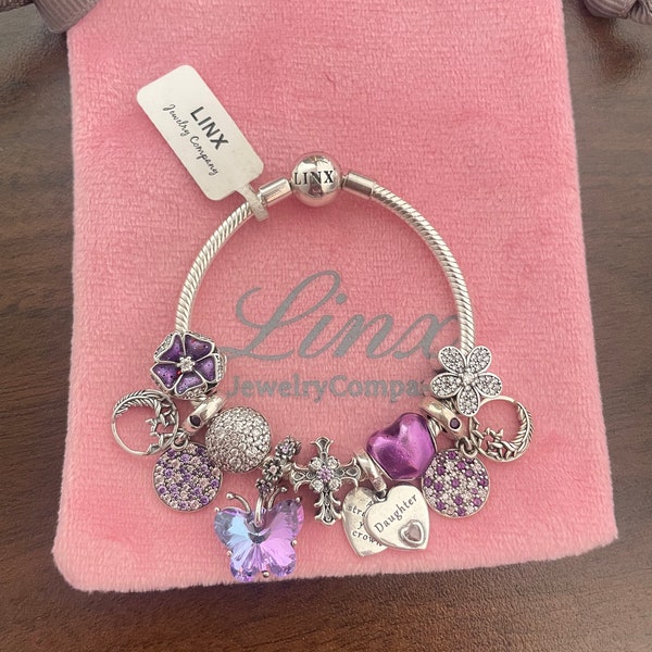 Linx Snake Chain Bracelet with Purple Religious and Daughter Themed Charms 925 sterling silver