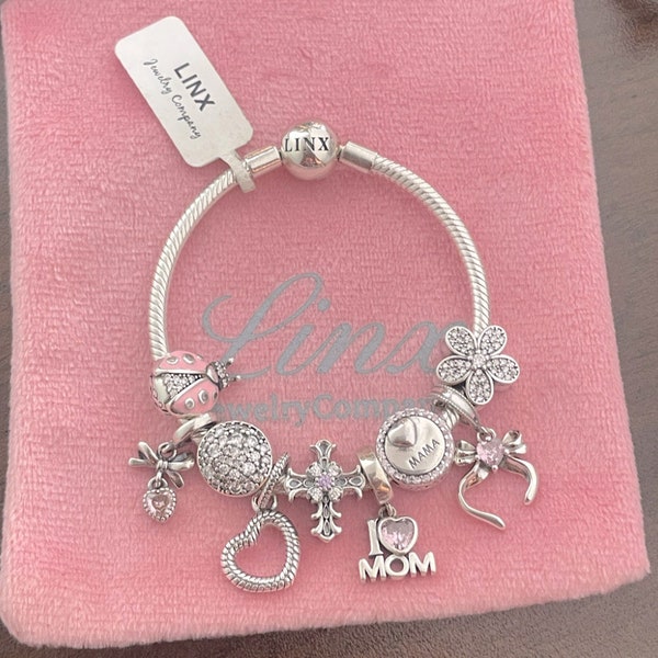 Linx Silver Snake Chain Bracelet with Religious Mom Themed Charms 925 sterling silver