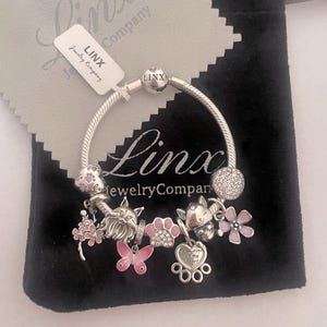 Linx Silver Snake Chain Bracelet with Cat Themed Charms 925 sterling silver