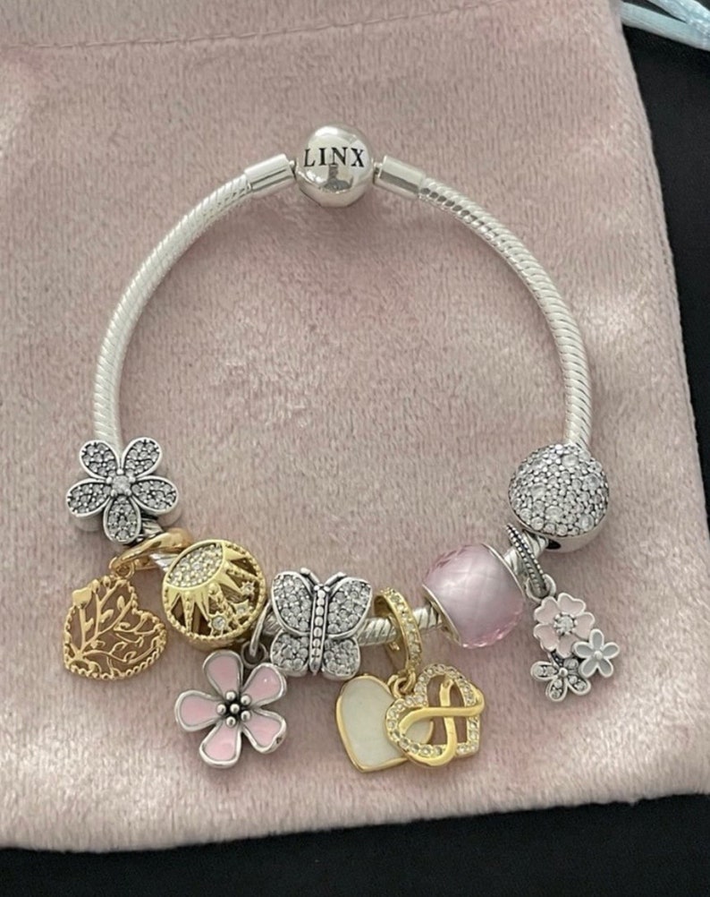 Infinity Linx Flower Linx Snake Chain Bracelet With Pink Gold and Silver Themed Charms 925 ...