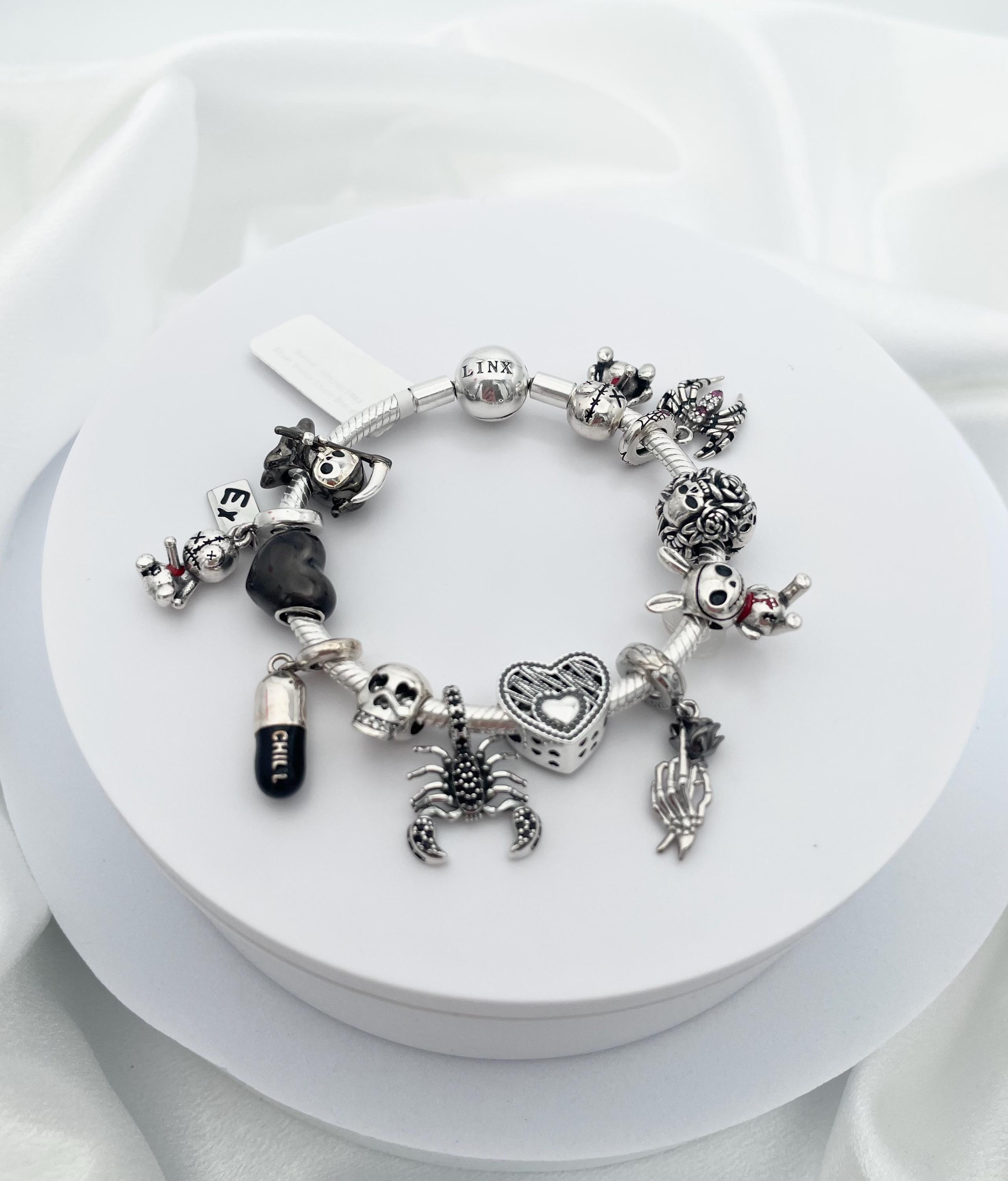Linx Sterling Silver Charm Bracelet: Gothic Skull, Rose, Scorpion 