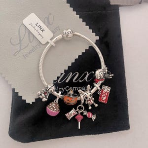 Linx Silver Snake Chain Bracelet with Trick or Treat Halloween Skull Pumpkin Ghost Devil Halloween Costume Themed Charms 925 sterling silver