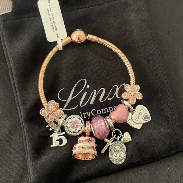 Linx Rose Gold Bracelet with Quinceanera 15th Birthday Themed Charms