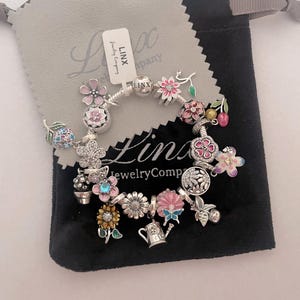 Linx Silver Snake Chain Bracelet with Gardening Plant and Flower Themed Charms 925 sterling silver