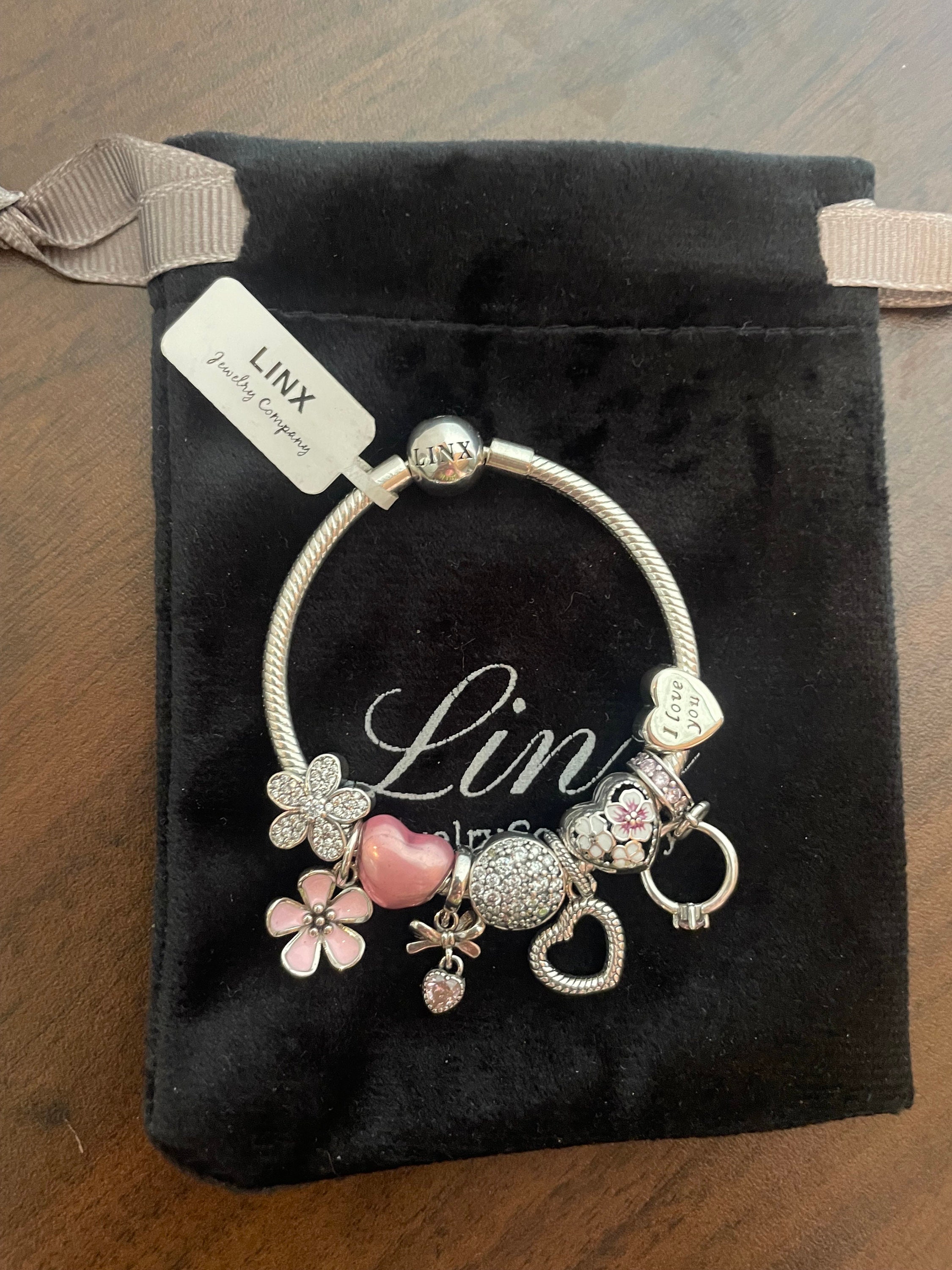 Linx Snake Chain Bracelet With Silver and Pink Themed Charms 925