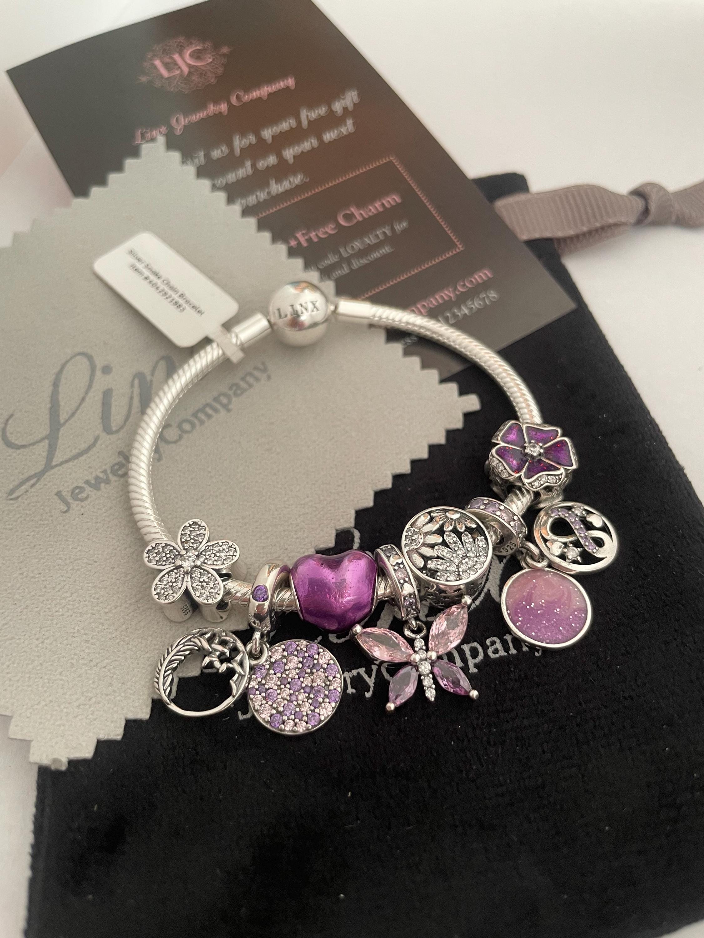 Linx Silver Snake Chain Bracelet With Purple Themed Charms 925
