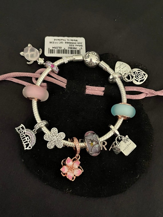 PANDORA SILVER CHARM BRACELET WITH PINK CRYSTAL HEART LOVE FAMILY CHARMS &  BOX!