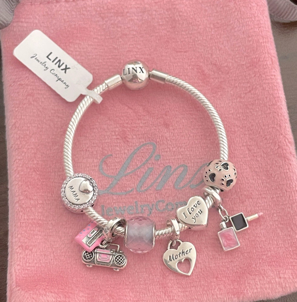 ★LOEUVRE★Lumi Plat Marble Chain Strap Linx Silver Snake Chain Bracelet With Pink Mom Themed Charms