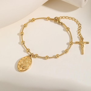 Linx Stainless Steel Snake Chain and Bead Bracelet with Virgin Mary Pendant and Cross Extender Gold and Silver Quinceanera Holy Communion
