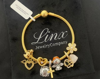 Linx Yellow Gold Snake Chain Bracelet with Religious Themed Charms