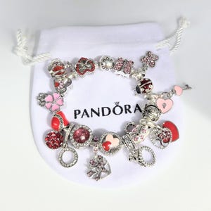 May include: A silver charm bracelet featuring various charms in shades of red, pink, and silver, including hearts, a ladybug, a flower, and a tree. The bracelet is displayed on a white fabric pouch with the black text PANDORA printed on it.