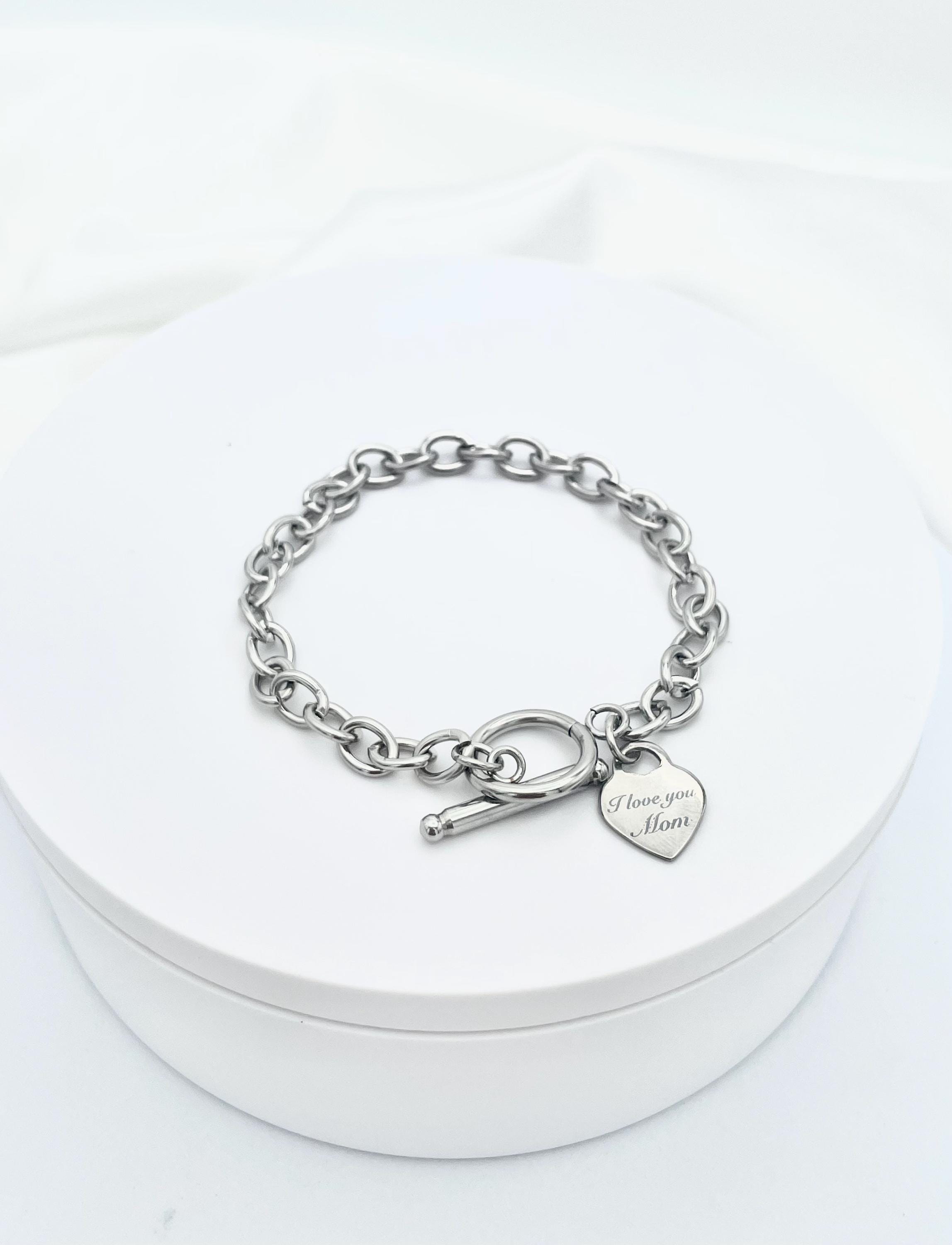 Chain Link Toggle Clasp Bracelet With Heart Pendant I Love You Mom