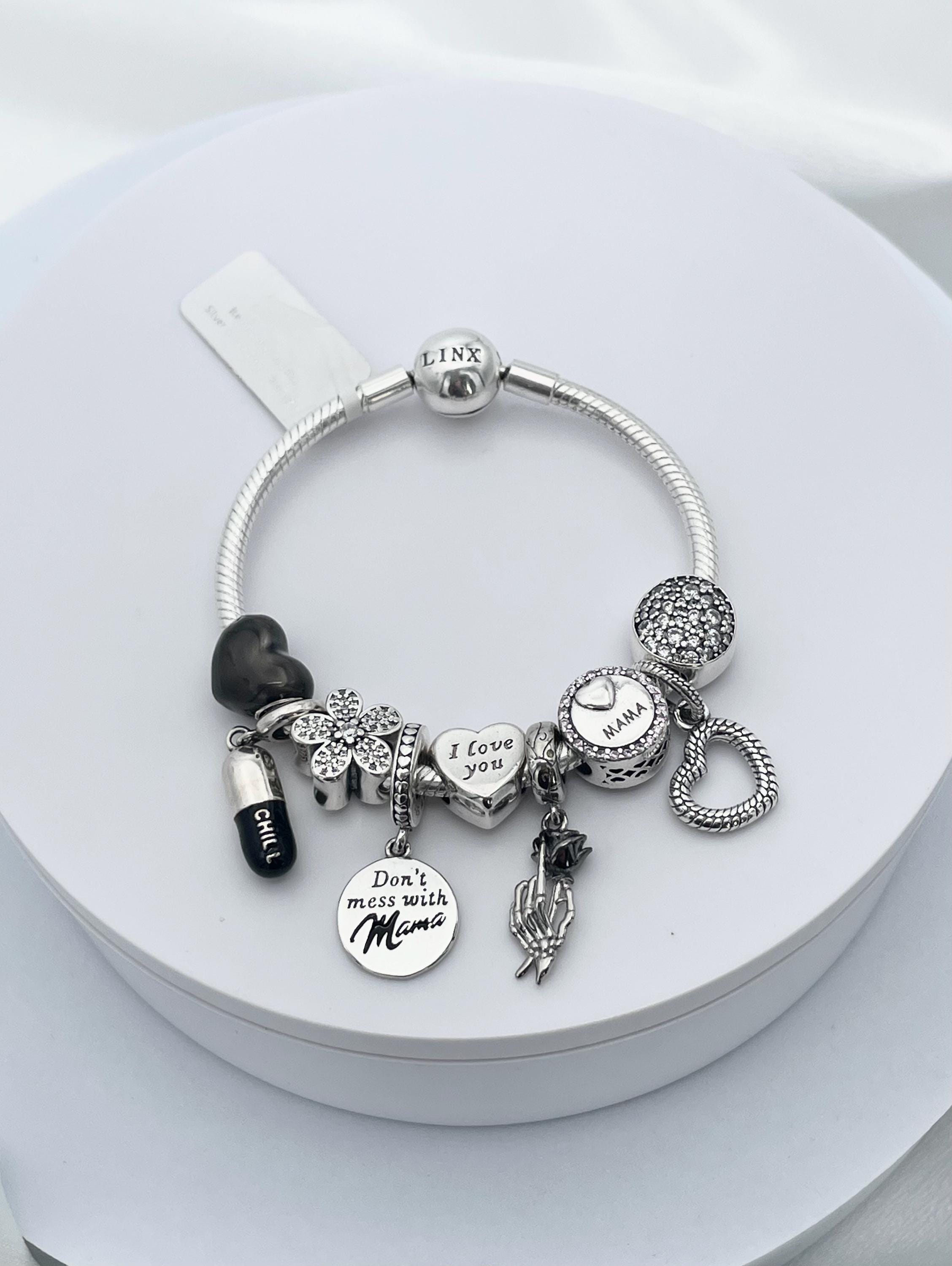 Linx Snake Chain Bracelet With Black and Silver Mama Themed Charms