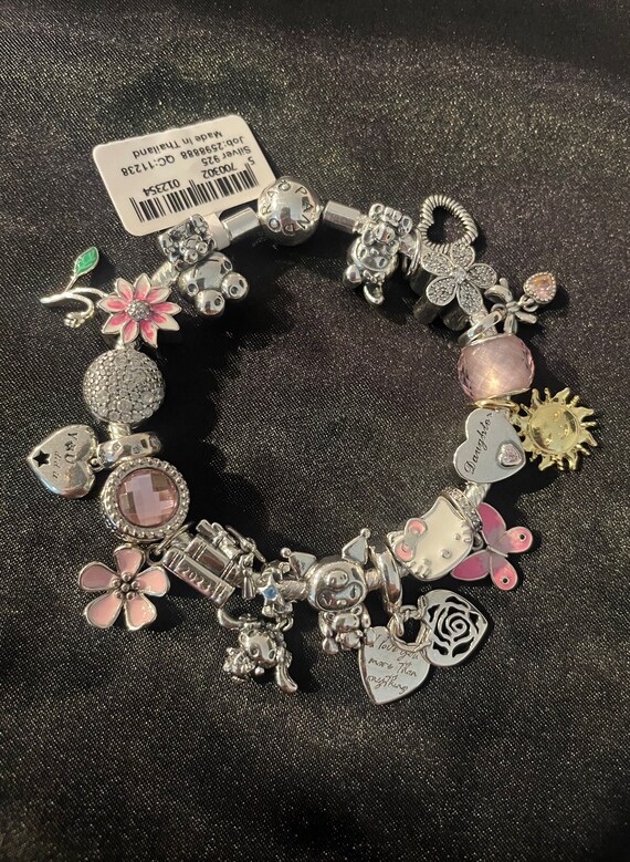 PANDORA SILVER CHARM BRACELET WITH PINK CRYSTAL HEART LOVE FAMILY CHARMS &  BOX!