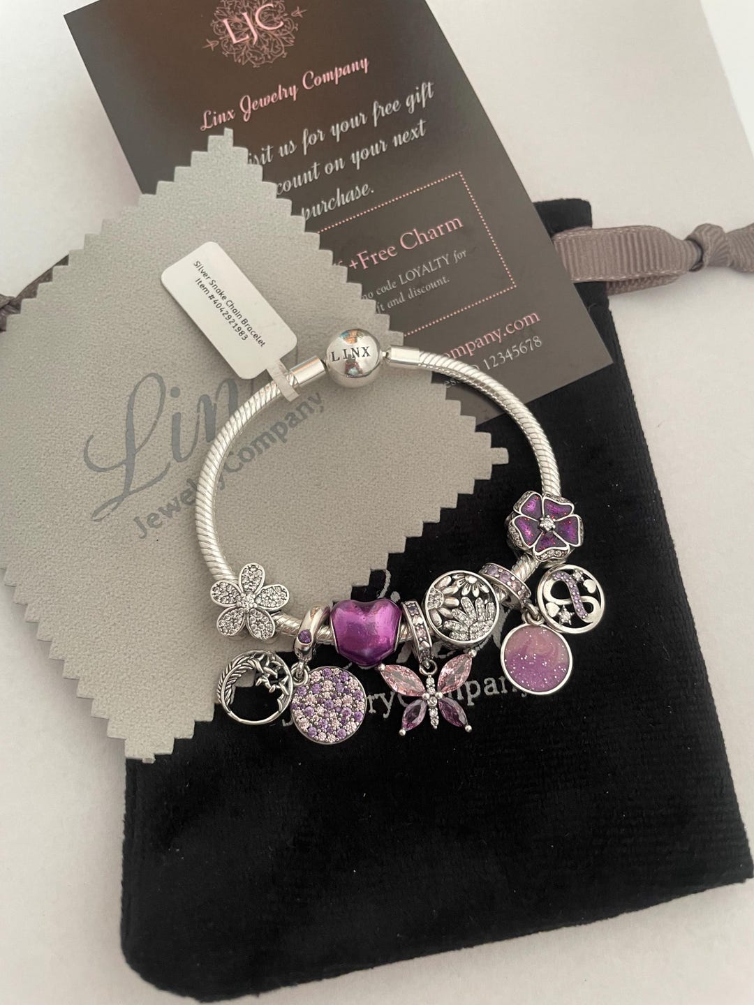 Linx Silver Snake Chain Bracelet With Purple Themed Charms 925
