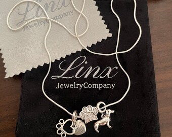 Sterling Silver Dachshund Charm Necklace: 22in Snake Chain