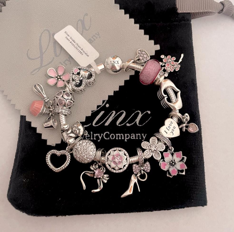 Linx Snake Chain Bracelet With Silver and Pink Themed Charms 925