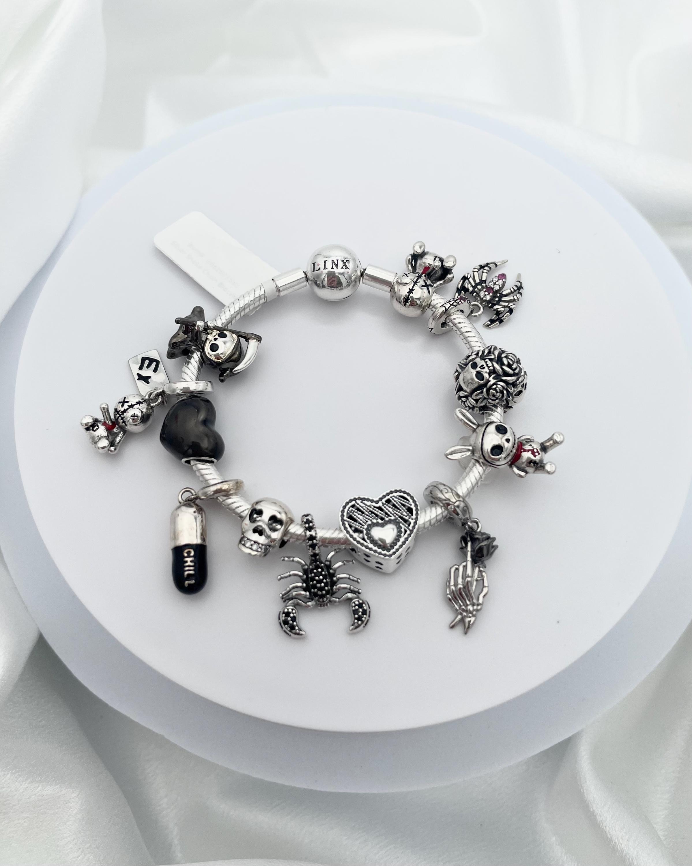 Linx Sterling Silver Charm Bracelet: Gothic Skull, Rose, Scorpion