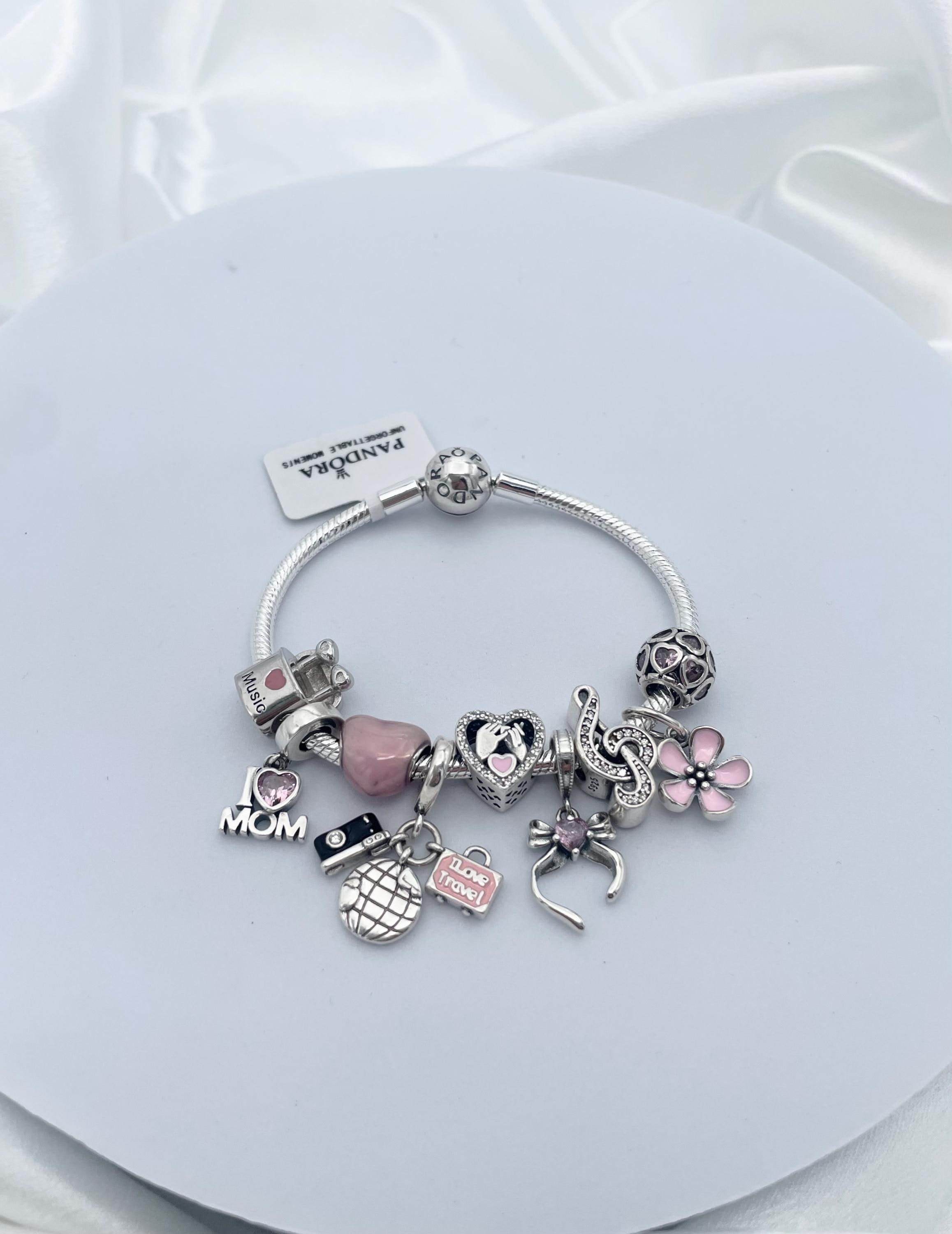 Pandora Bracelet With Pink Mom Travel and Music Themed Charms - Etsy